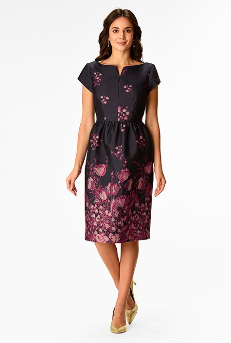 Floral jacquard rushed waist dress