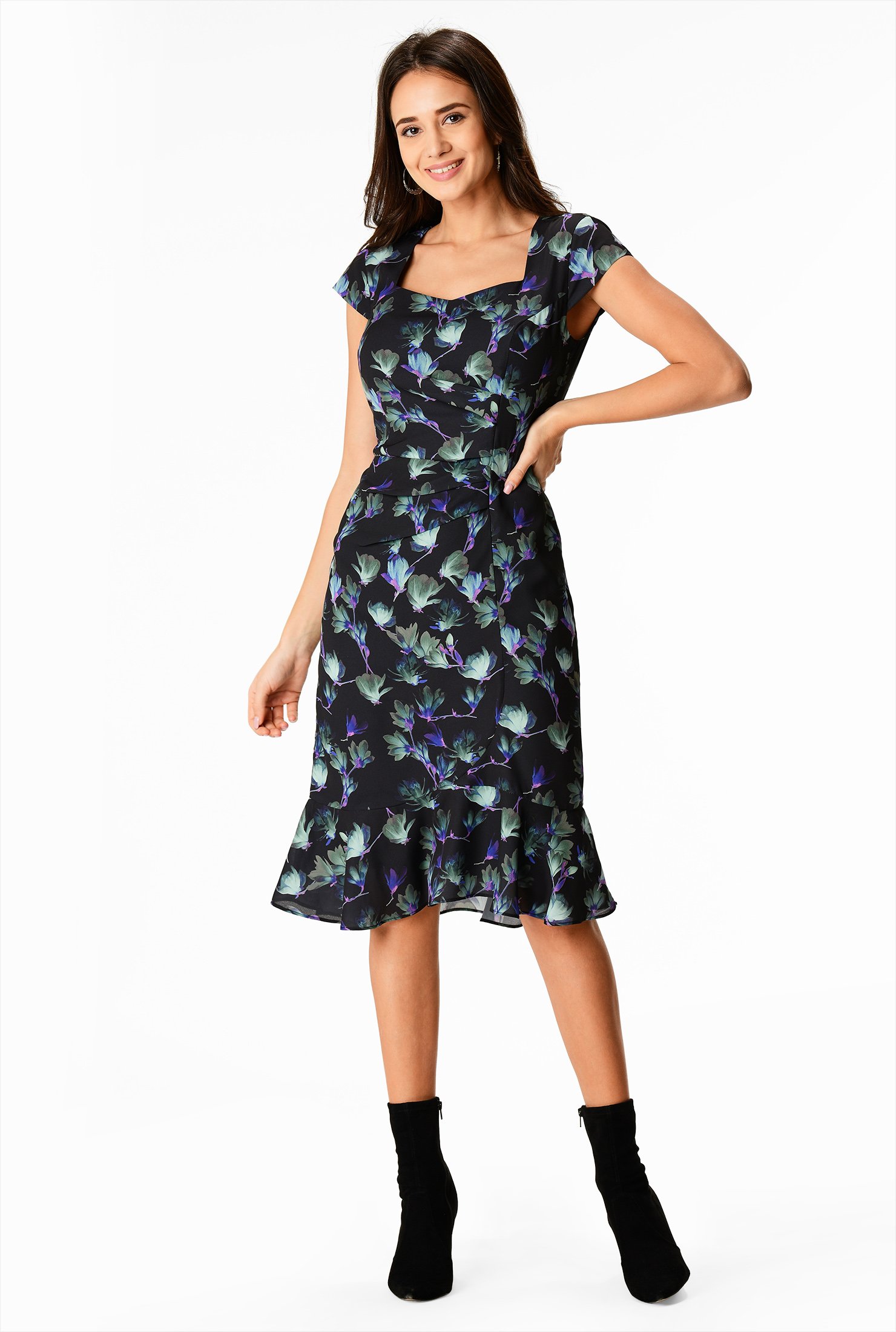 Shop Asymmetric Pleat Floral Print Crepe Sheath Dress Eshakti