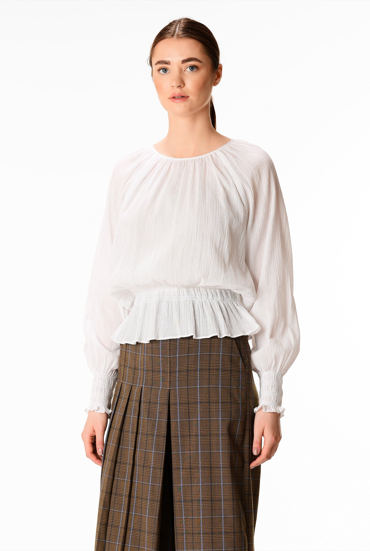 Shop Lurex stripe gauze elastic waist blouse | eShakti