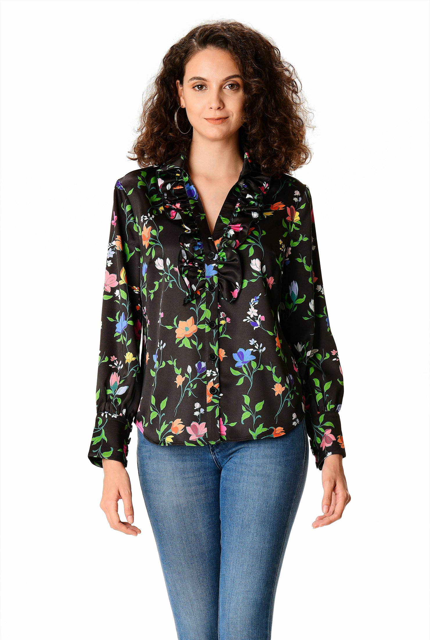 Shop Ruffle floral print satin shirt | eShakti