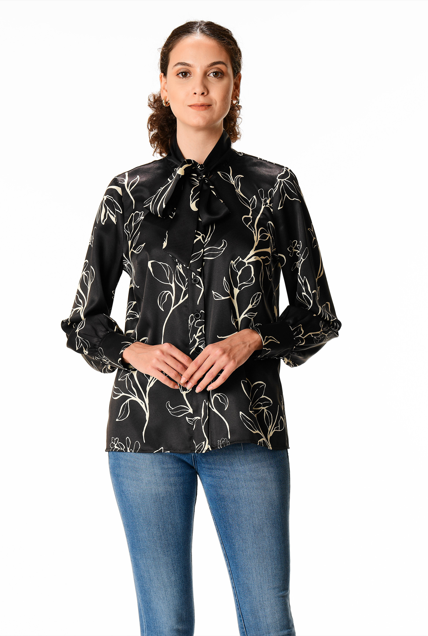 Shop Tie neck floral print satin blouse eShakti