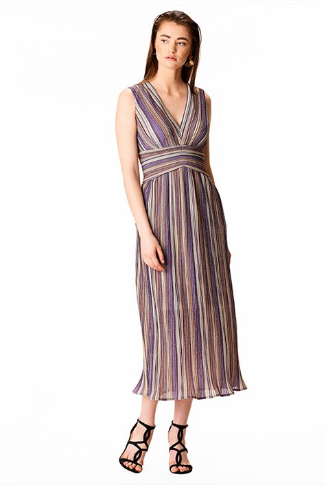 Shop Lurex stripe pleat waist dress | eShakti