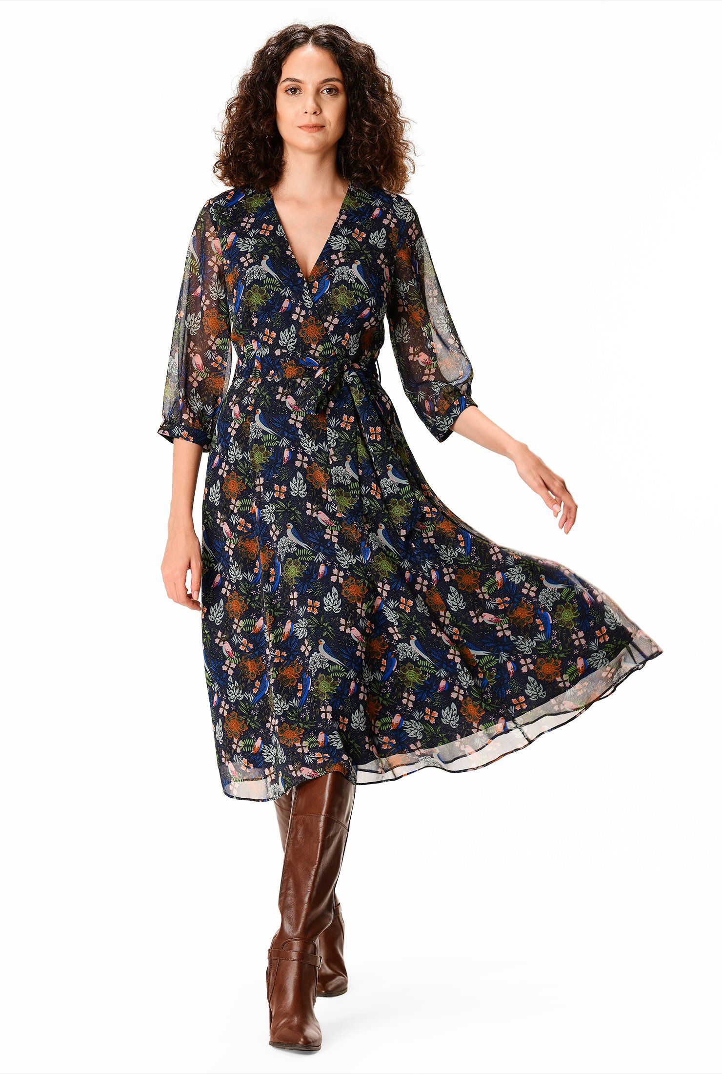 Shop Floral bird print georgette surplice dress | eShakti