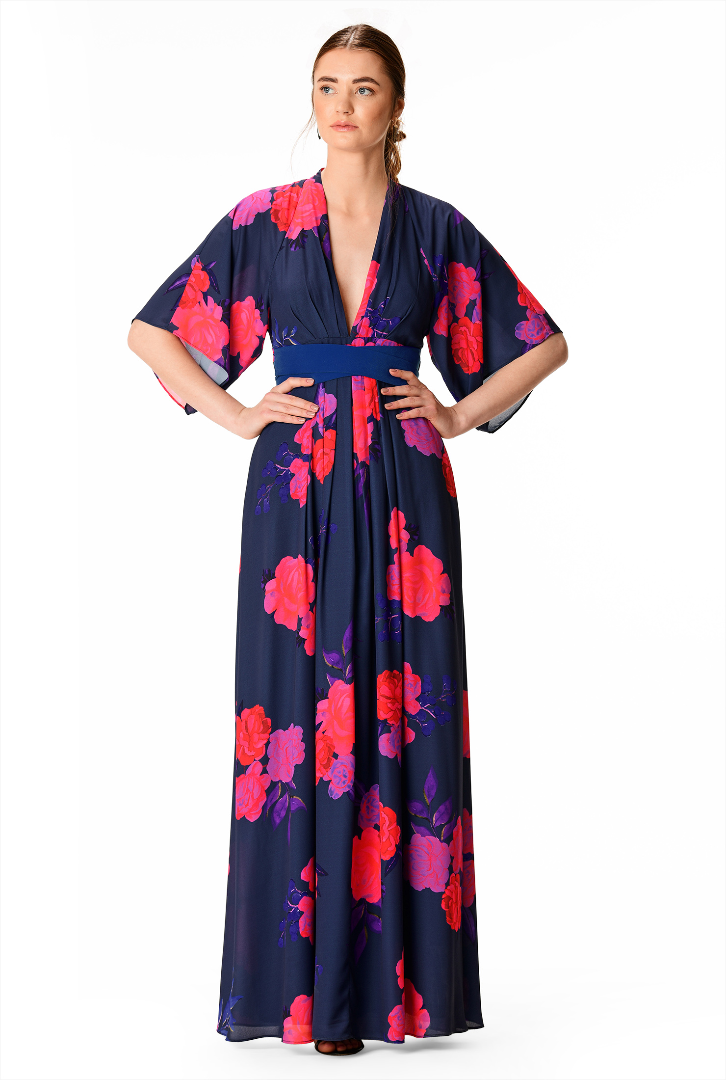 Shop Plunge floral print crepe maxi dress | eShakti
