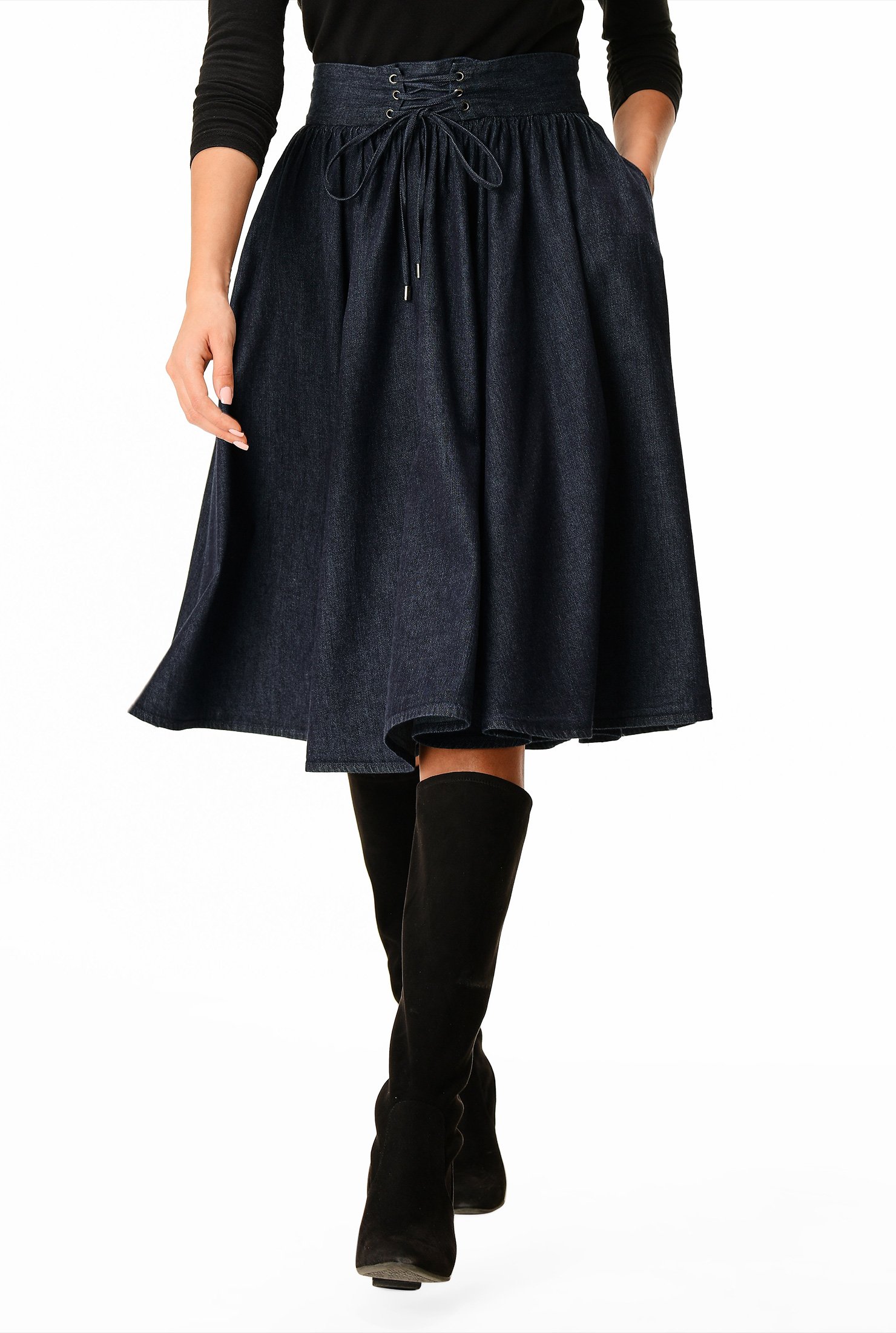 Shop Lace-up front cotton denim skirt | eShakti