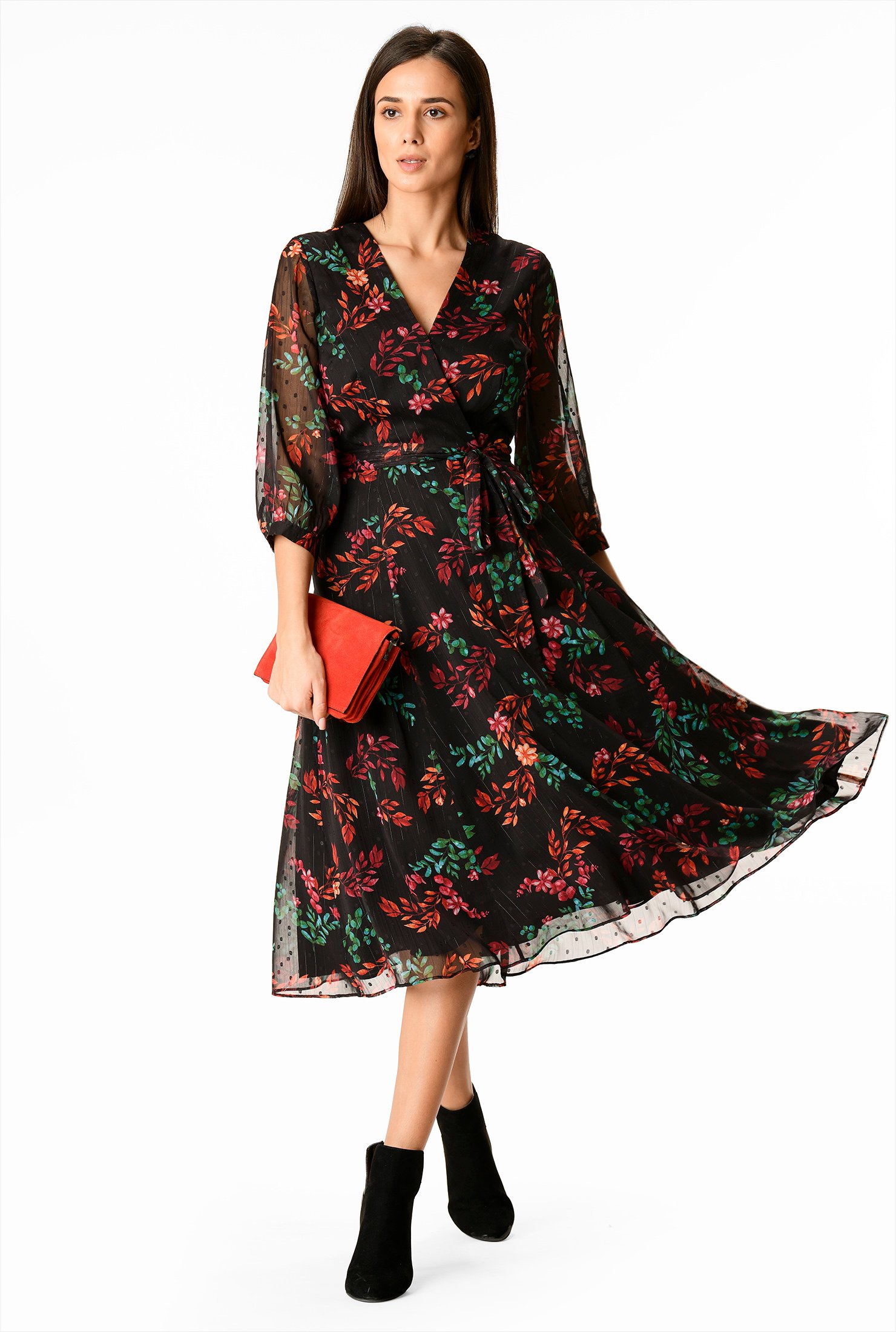 Shop Floral lurex swiss dot georgette surplice dress | eShakti