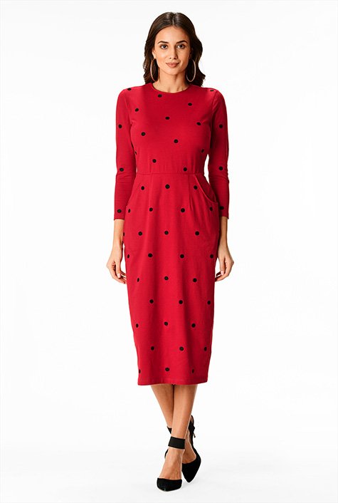 Shop Embellished Polka Dot Cotton Knit Sheath Dress Eshakti