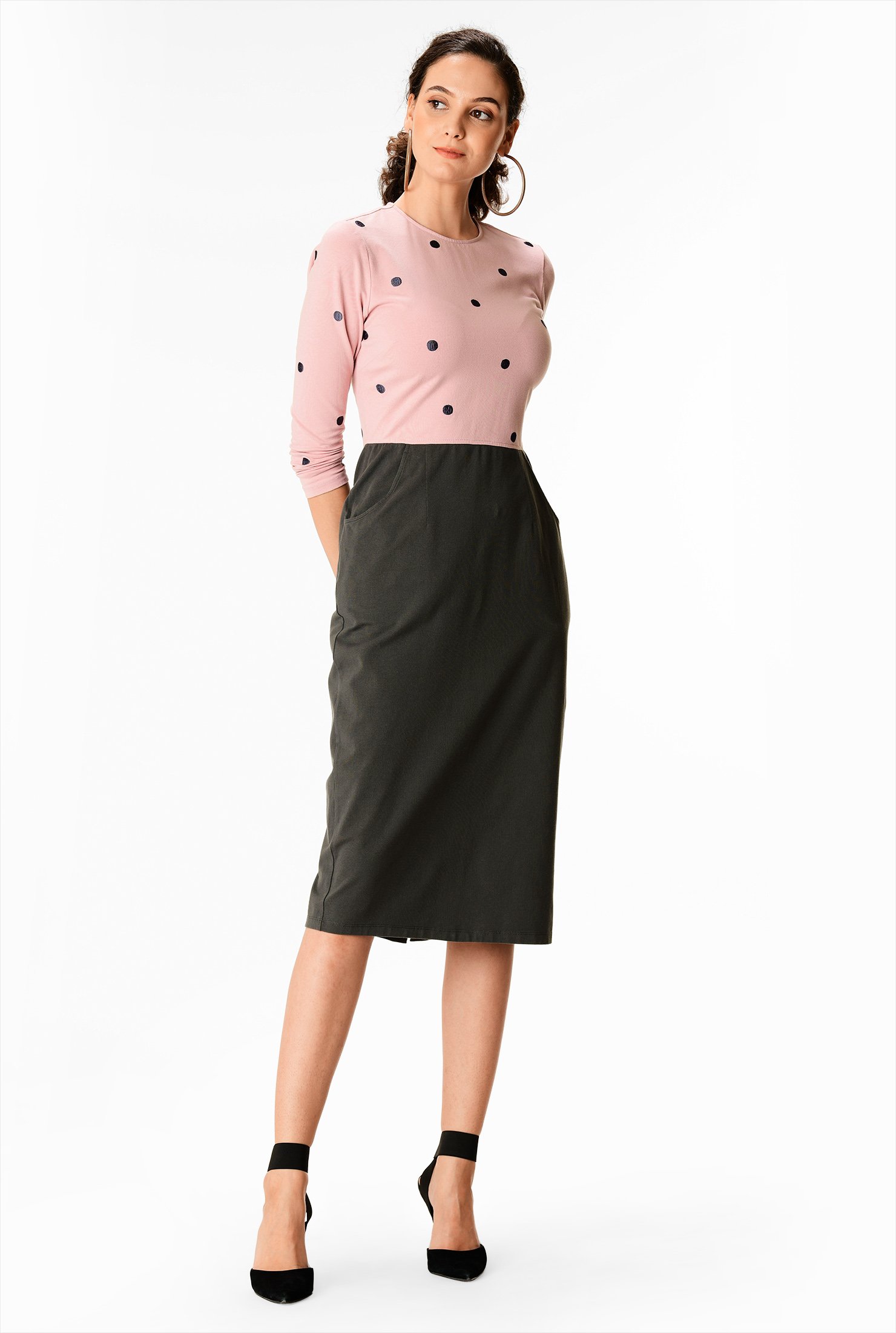 Shop Embellished polka dot colorblock cotton knit sheath dress eShakti