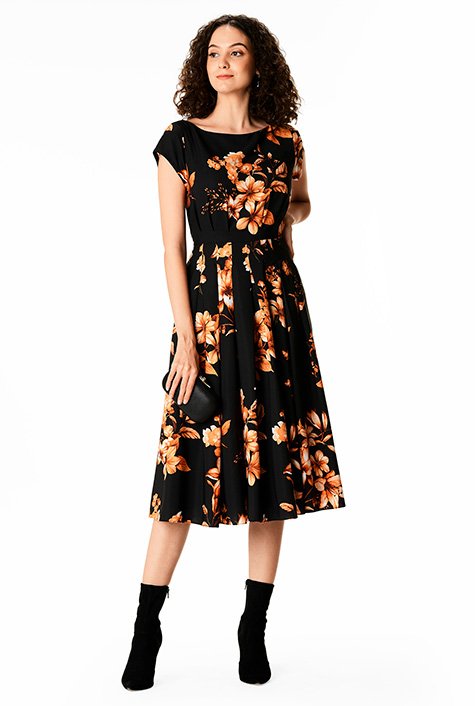 Shop Floral Print Release Pleat Matte Crepe Dress Eshakti