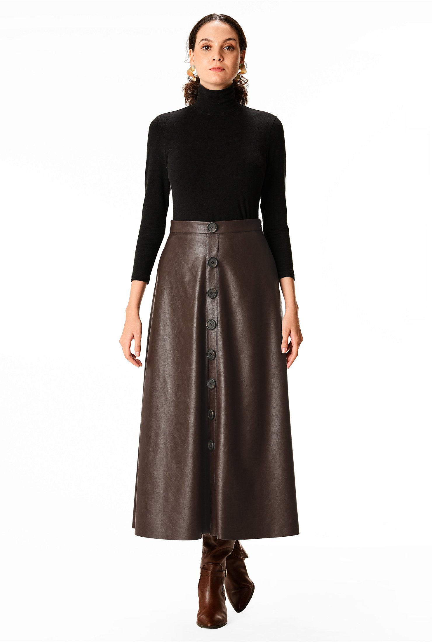 Shop Faux leather faux-button front skirt | eShakti