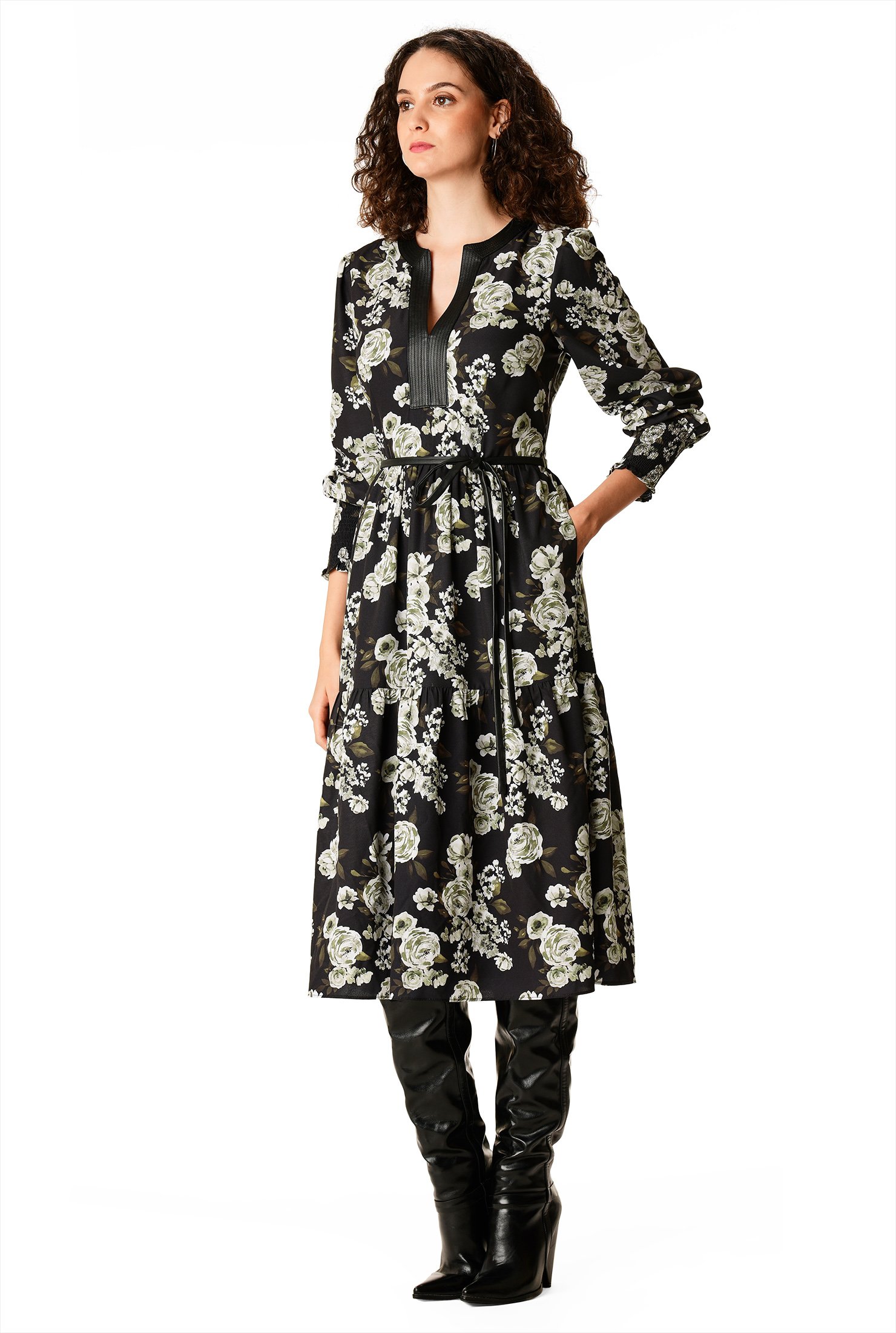 Shop Faux leather trim floral print matte crepe dress | eShakti