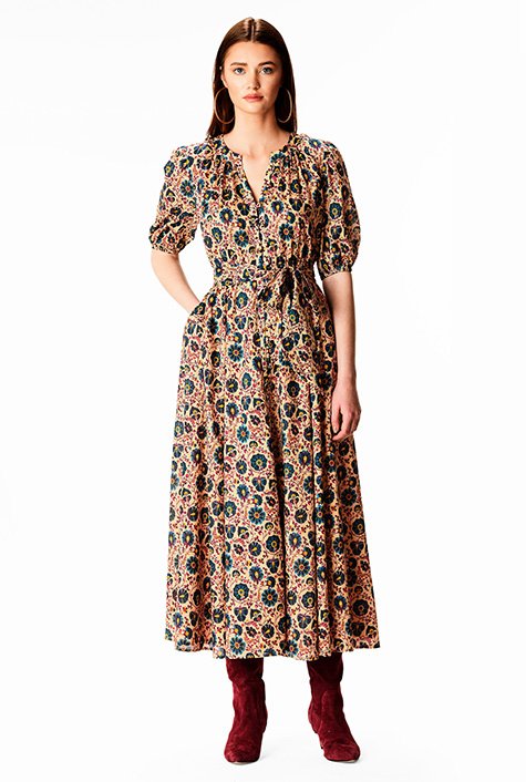 Shop Floral print cotton voile ruched dress | eShakti