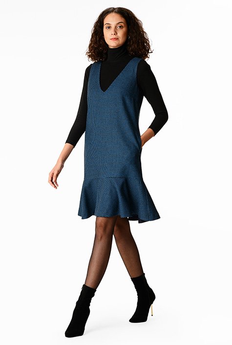 Shop Flounce hem wool blend houndstooth shift dress eShakti