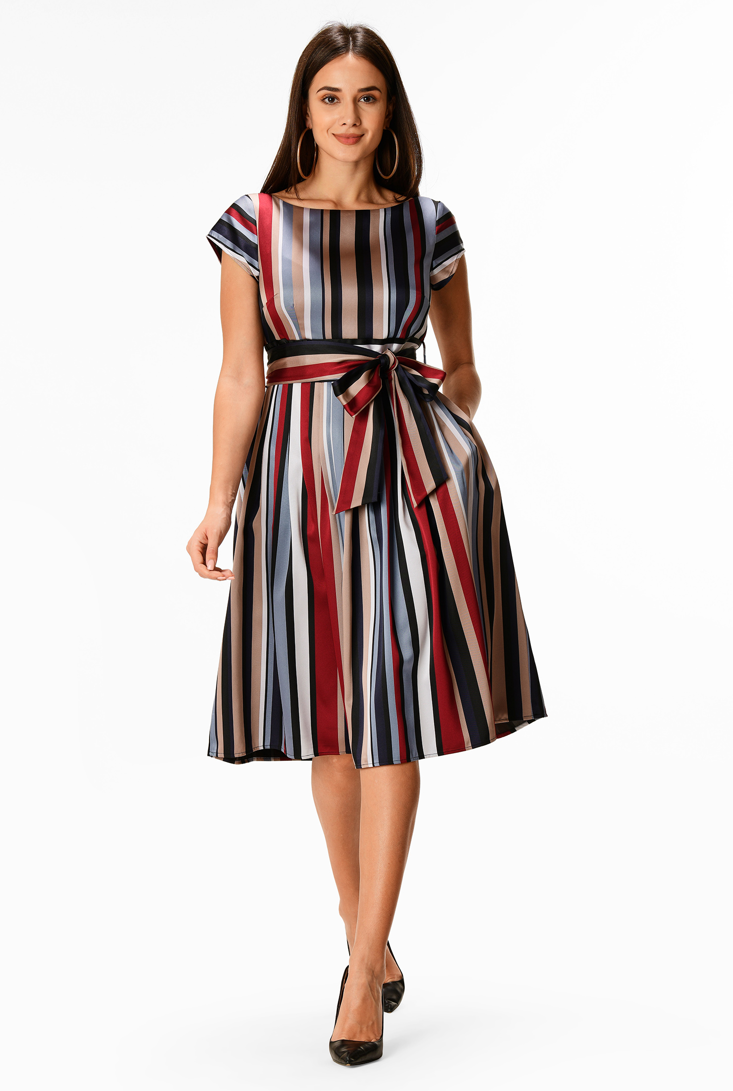 Shop Stripe twill sash tie dress eShakti