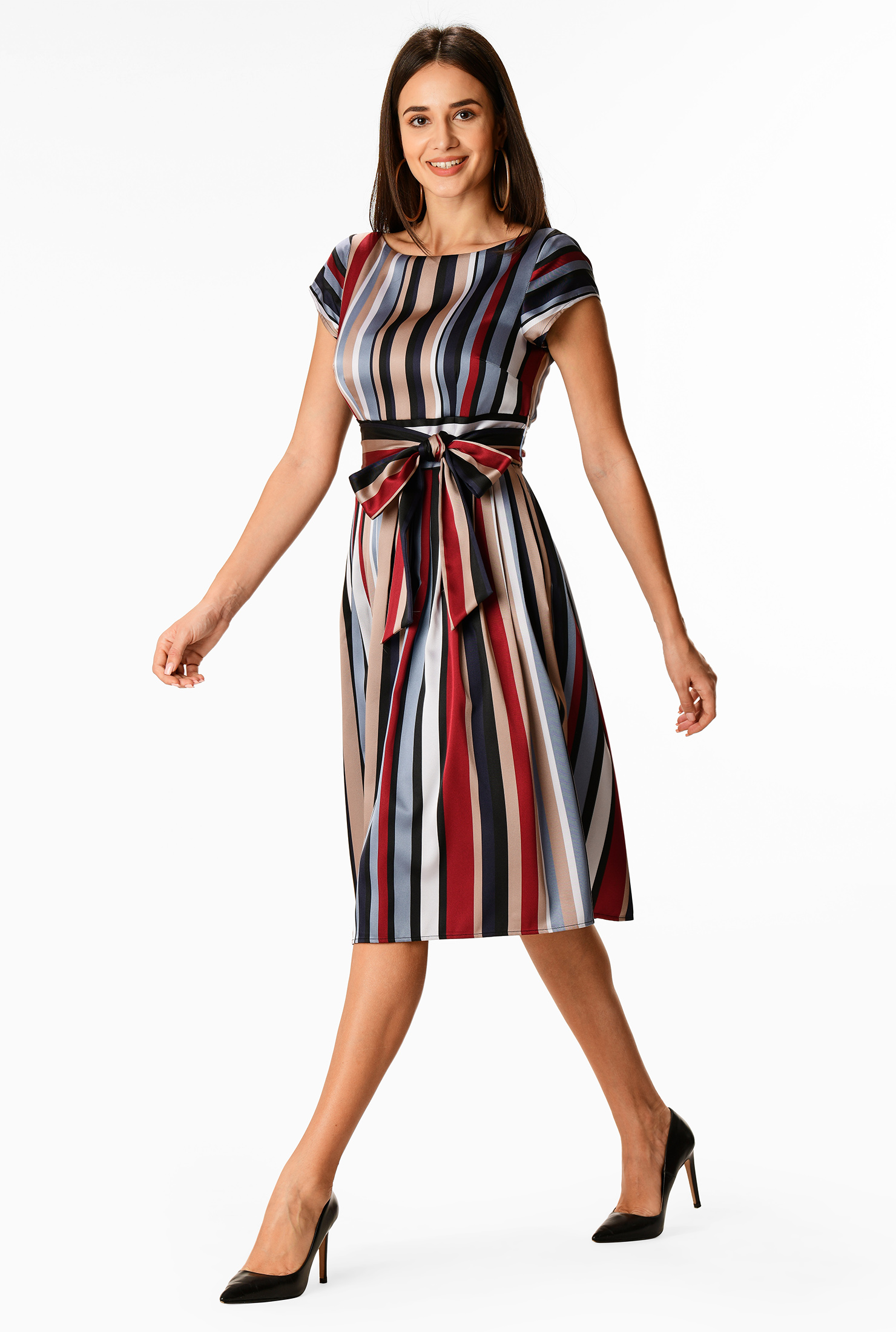 Shop Stripe twill sash tie dress eShakti