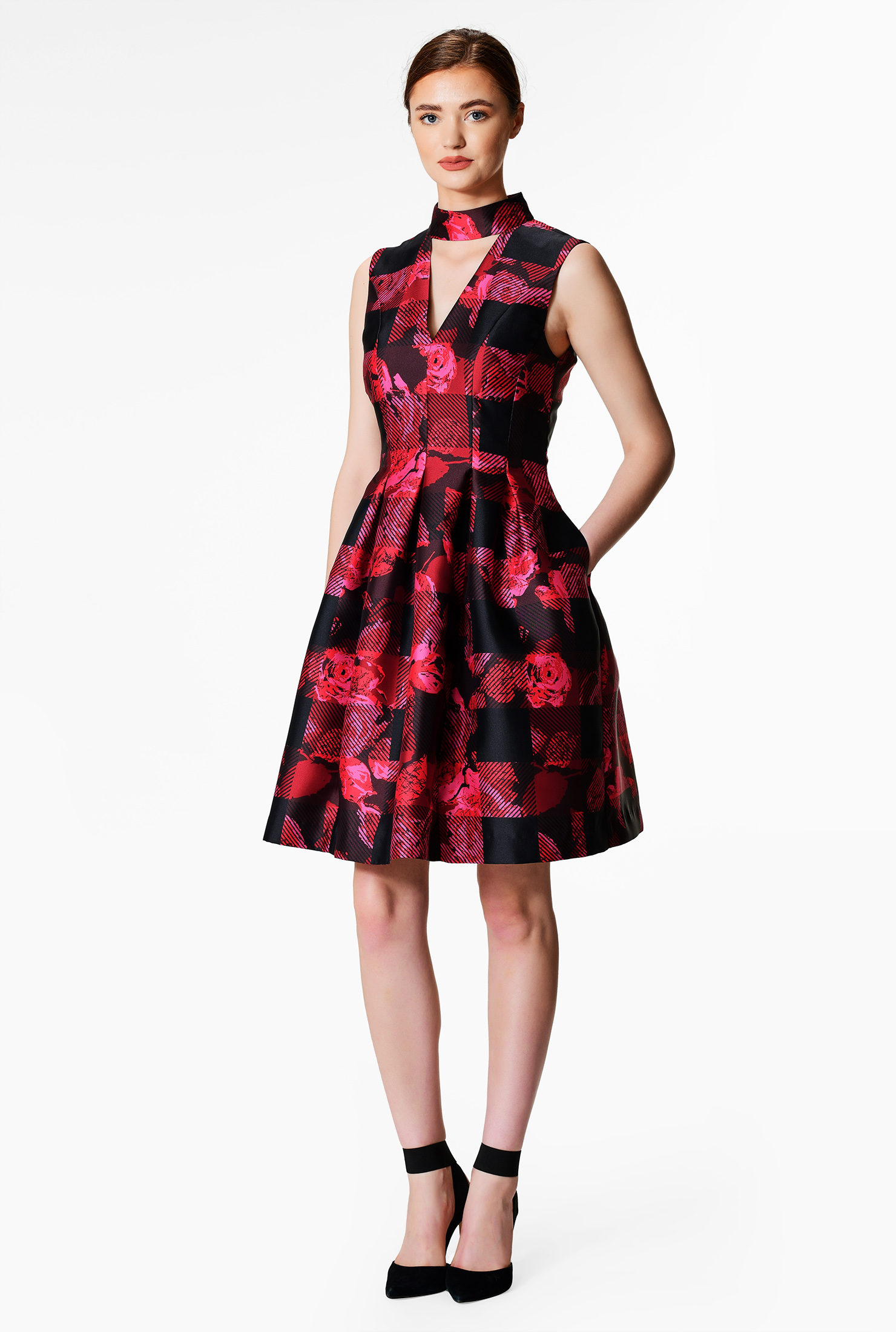 Shop Floral and check twill print party dress eShakti