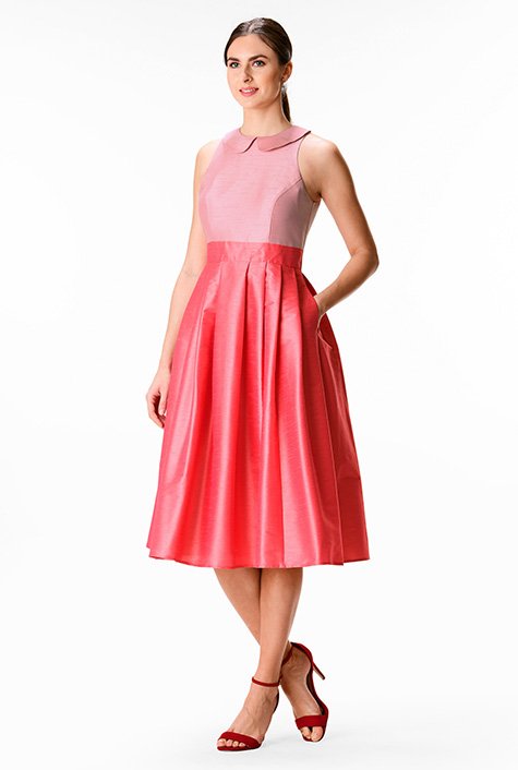 Shop Peter pan collar colorblock dupioni dress | eShakti