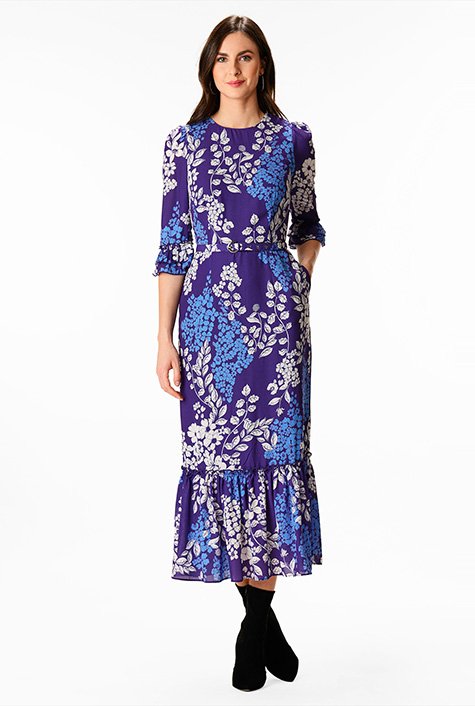 Shop Ruffle floral print crepe dress | eShakti