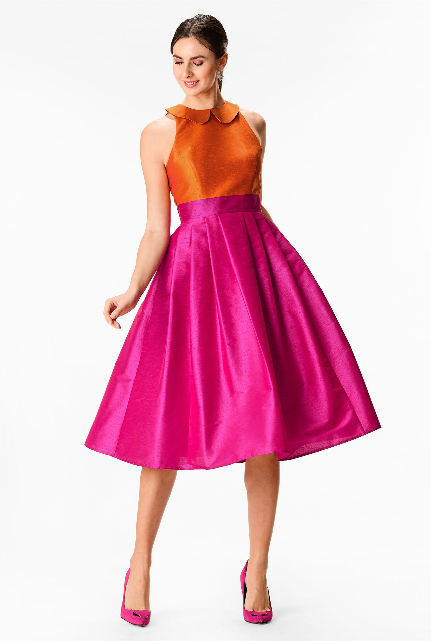 Shop Peter Pan collar colorblock dupioni dress | eShakti