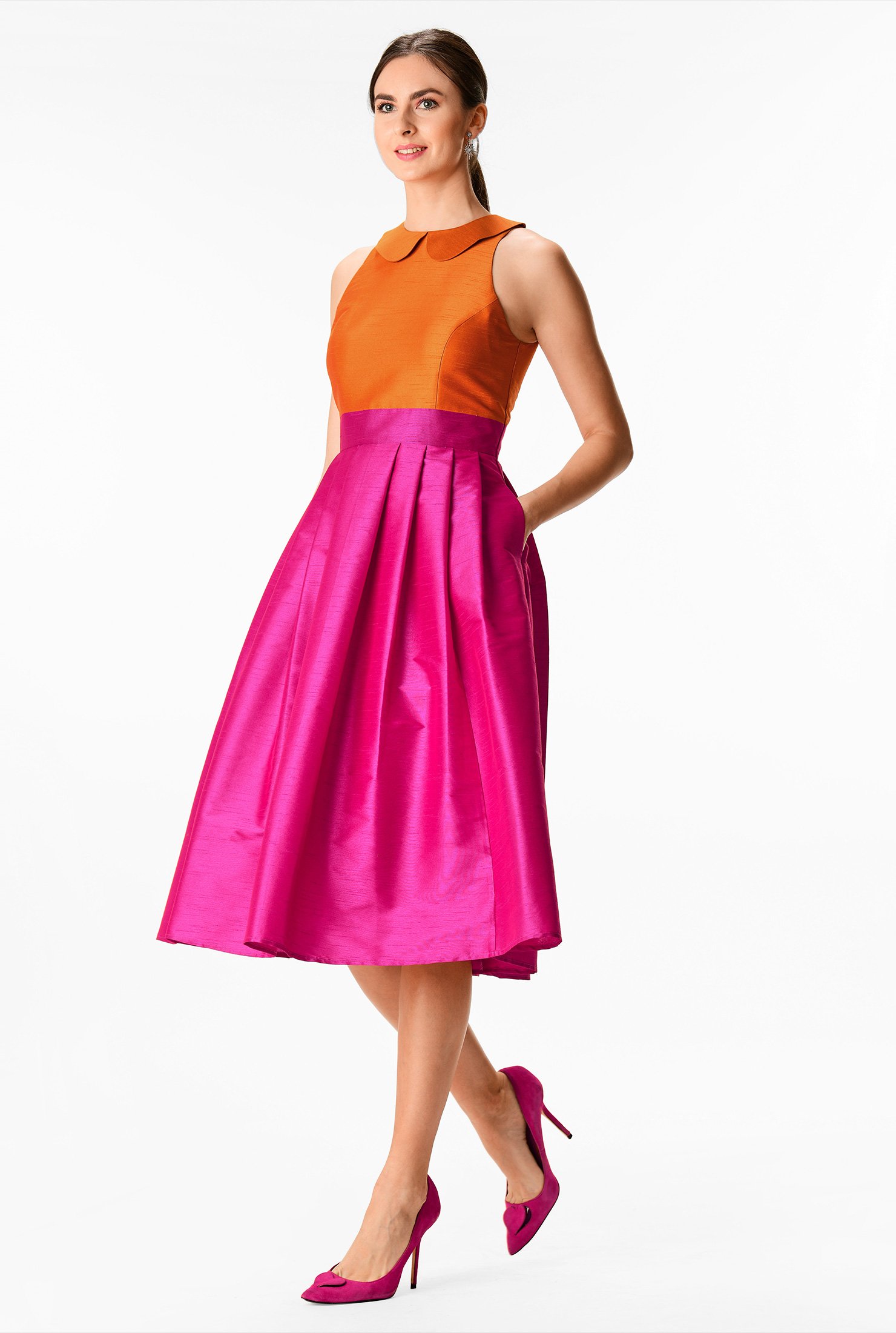 Shop Peter Pan collar colorblock dupioni dress | eShakti