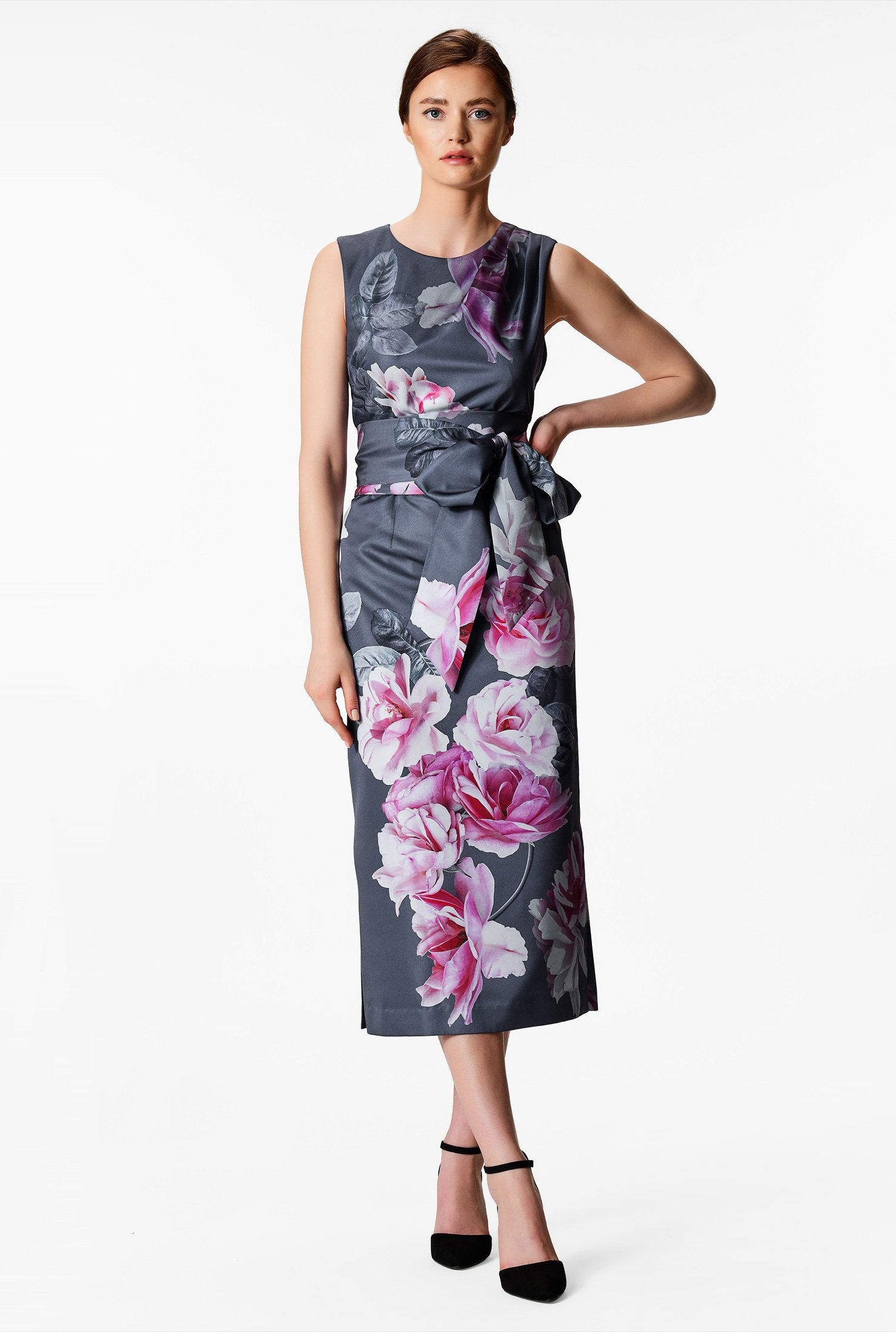 Shop Obi belt floral print satin sheath dress | eShakti