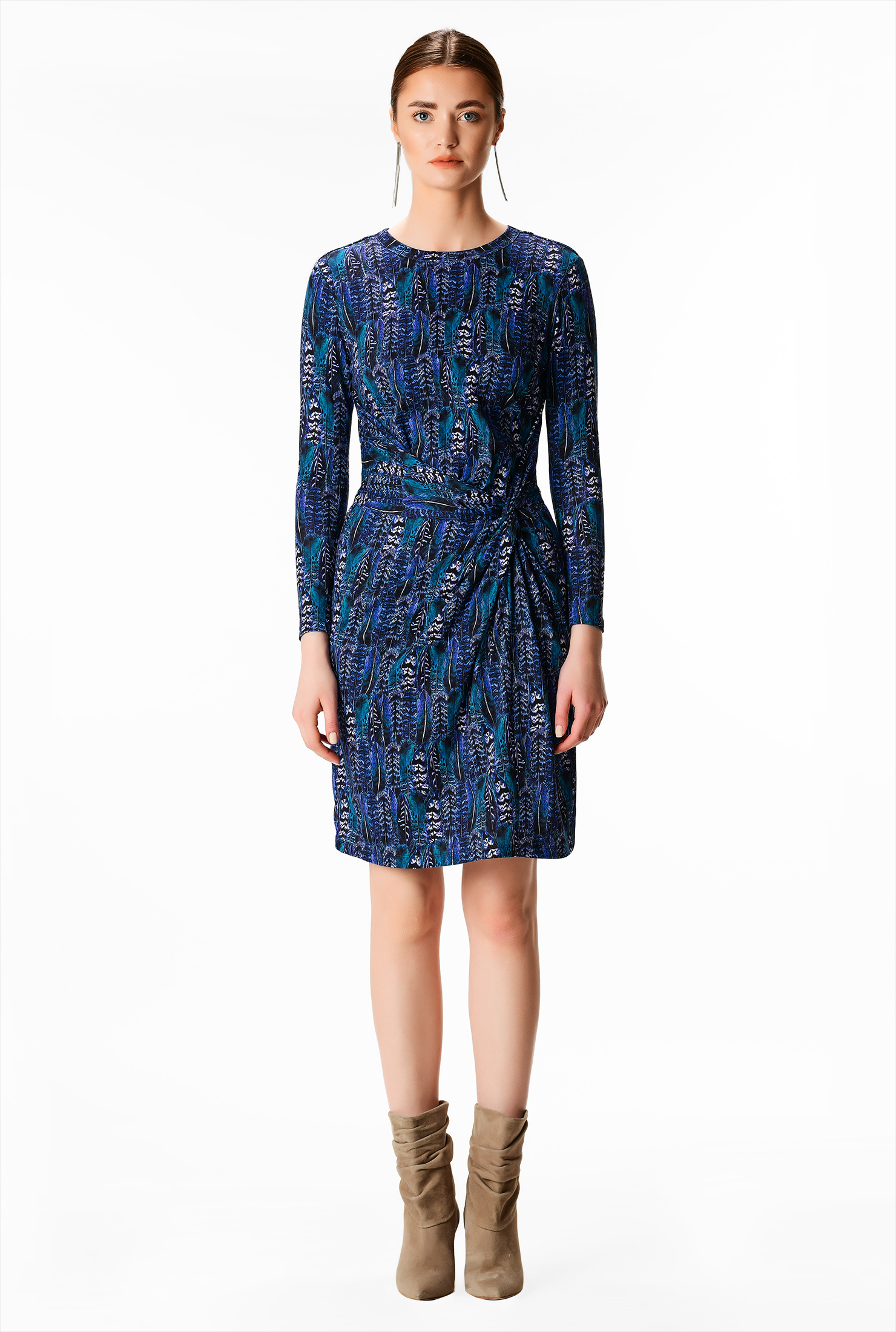 Shop Knot waist graphic print cotton knit sheath dress eShakti