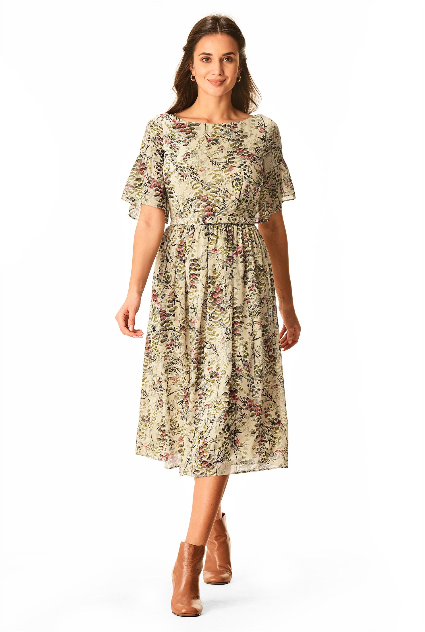 Shop Ruffle floral print georgette dress | eShakti