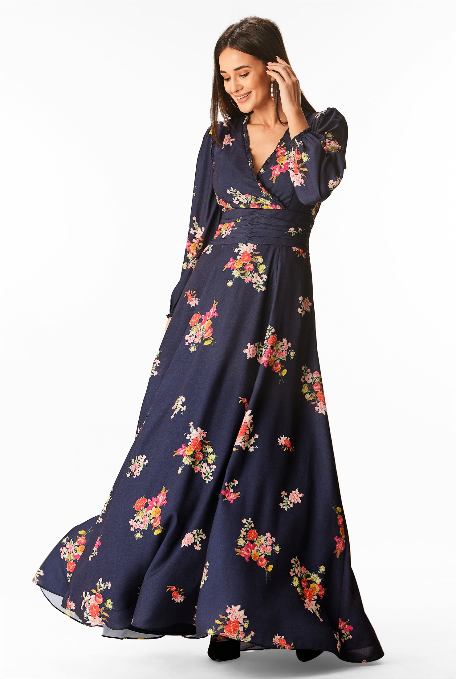 Shop Floral print pleat waist crepe surplice dress | eShakti