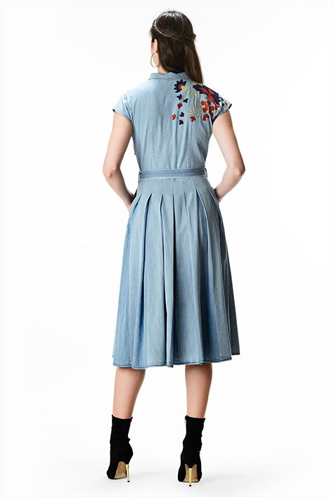 Shop Floral wool embellished cotton denim release pleat shirtdress