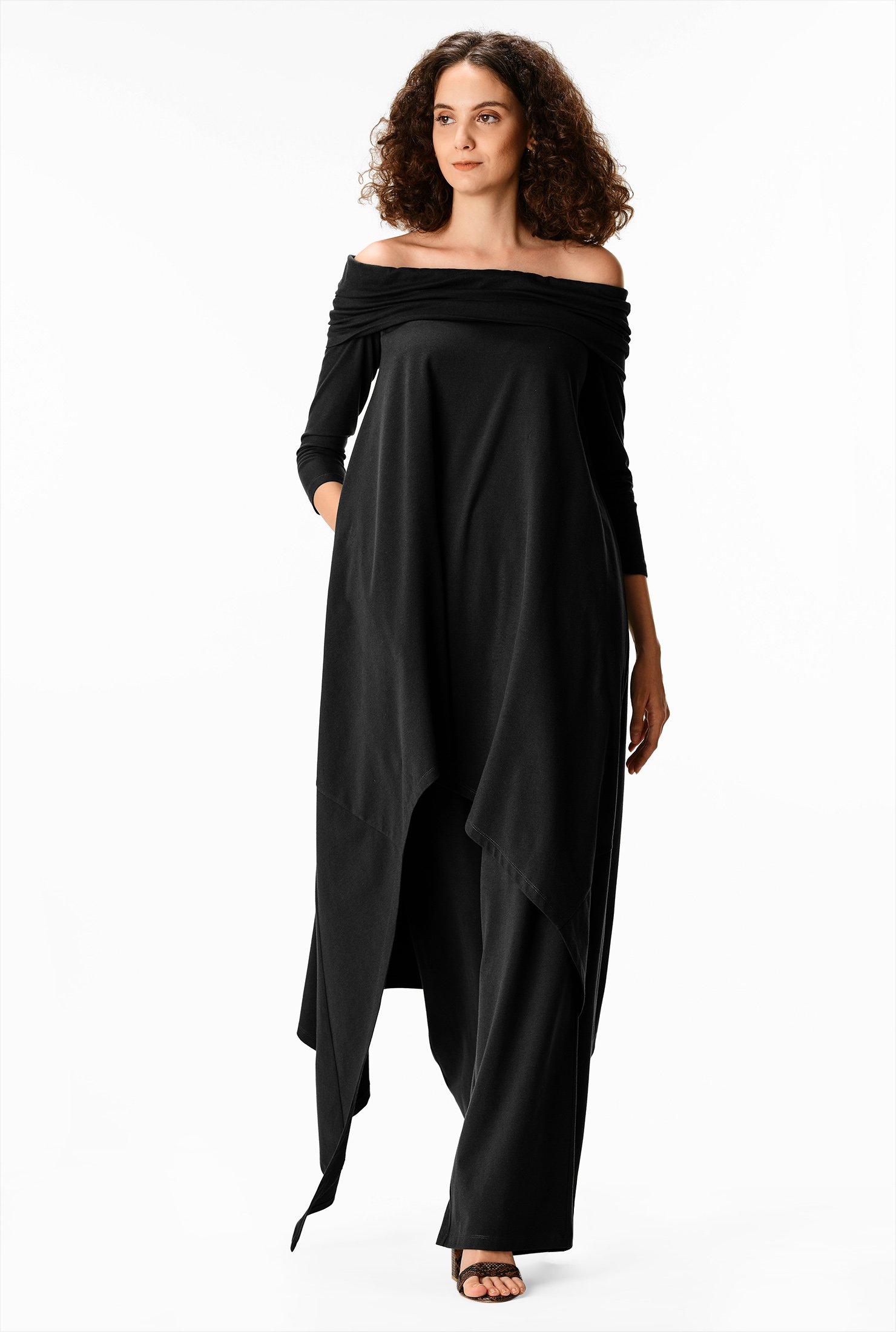 Shop Off The Shoulder Asymmetric Hem Cotton Knit Tunic And Pants Set Eshakti