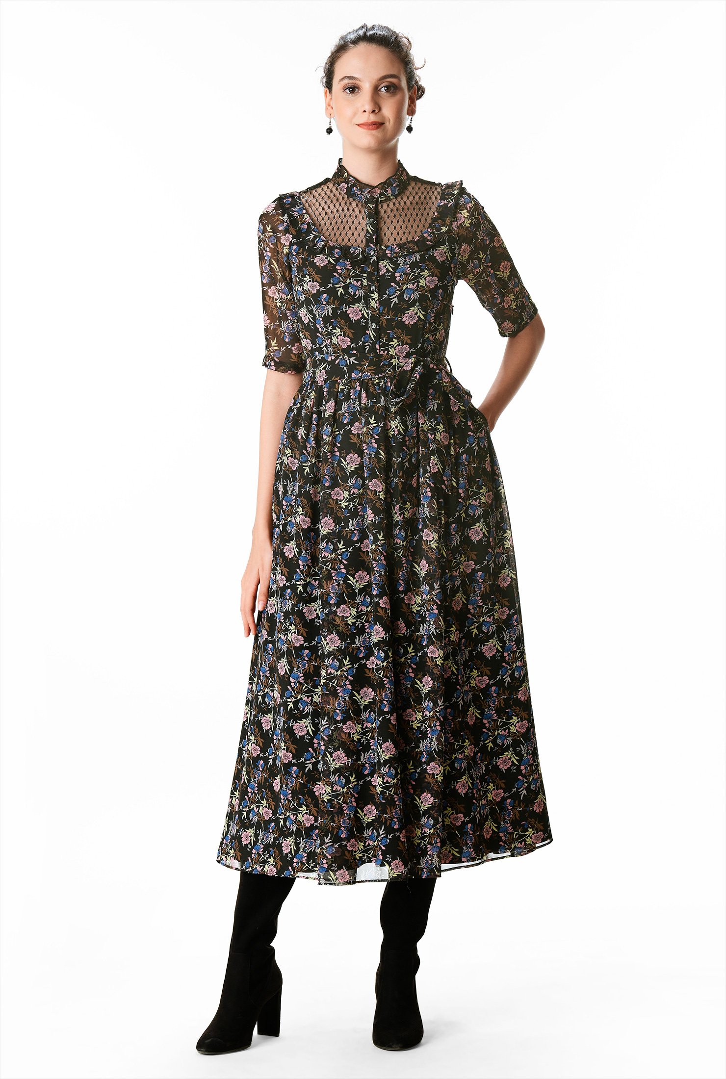 Shop Illusion yoke floral print georgette dress | eShakti