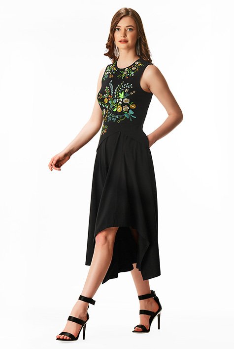 Shop Asymmetric hem floral embellished cotton knit dress | eShakti