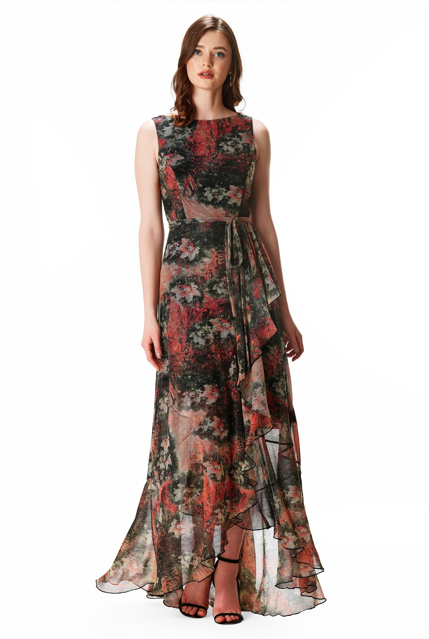 Shop Ruffle floral print lurex mesh high-low dress | eShakti