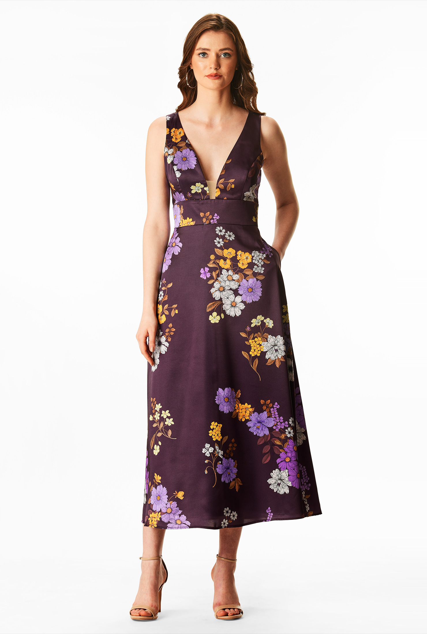 Shop Plunge floral print satin dress eShakti