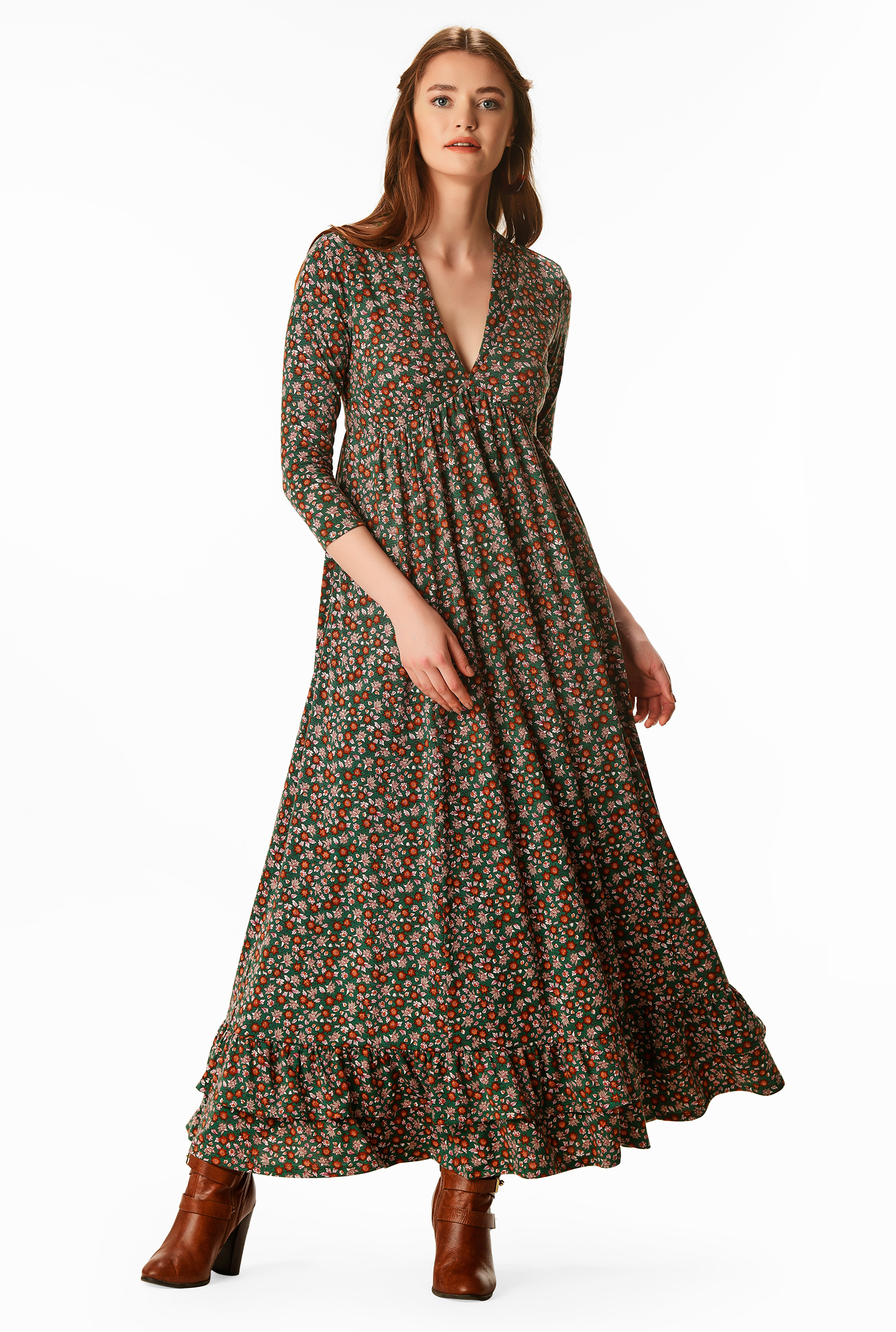 Shop Ruffle hem floral print empire maxi dress eShakti