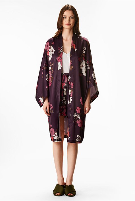 Shop Floral print satin robe and drawstring shorts eShakti