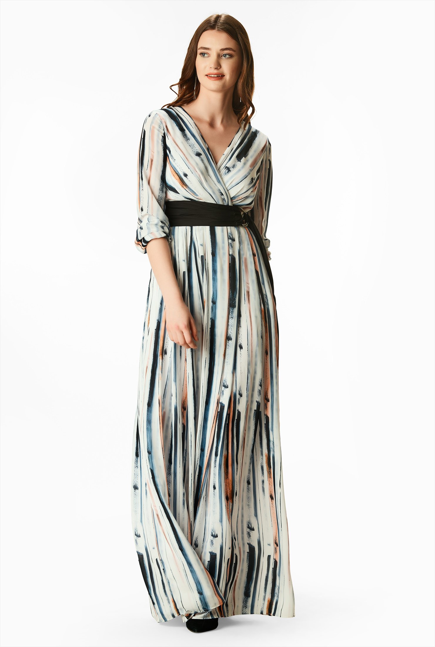 striped wrap hollow out maxi dress