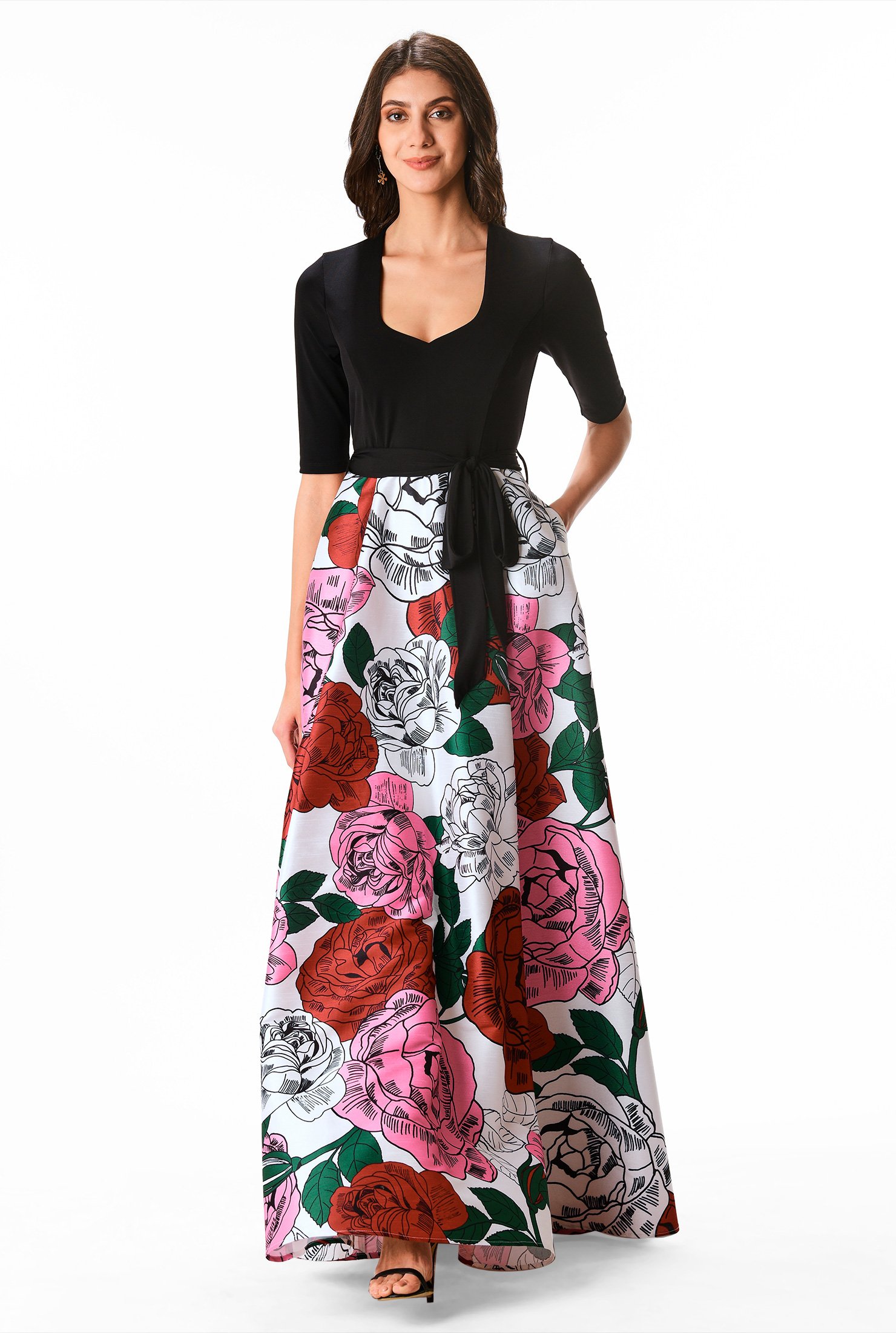 Shop Floral print dupioni and jersey knit maxi dress | eShakti