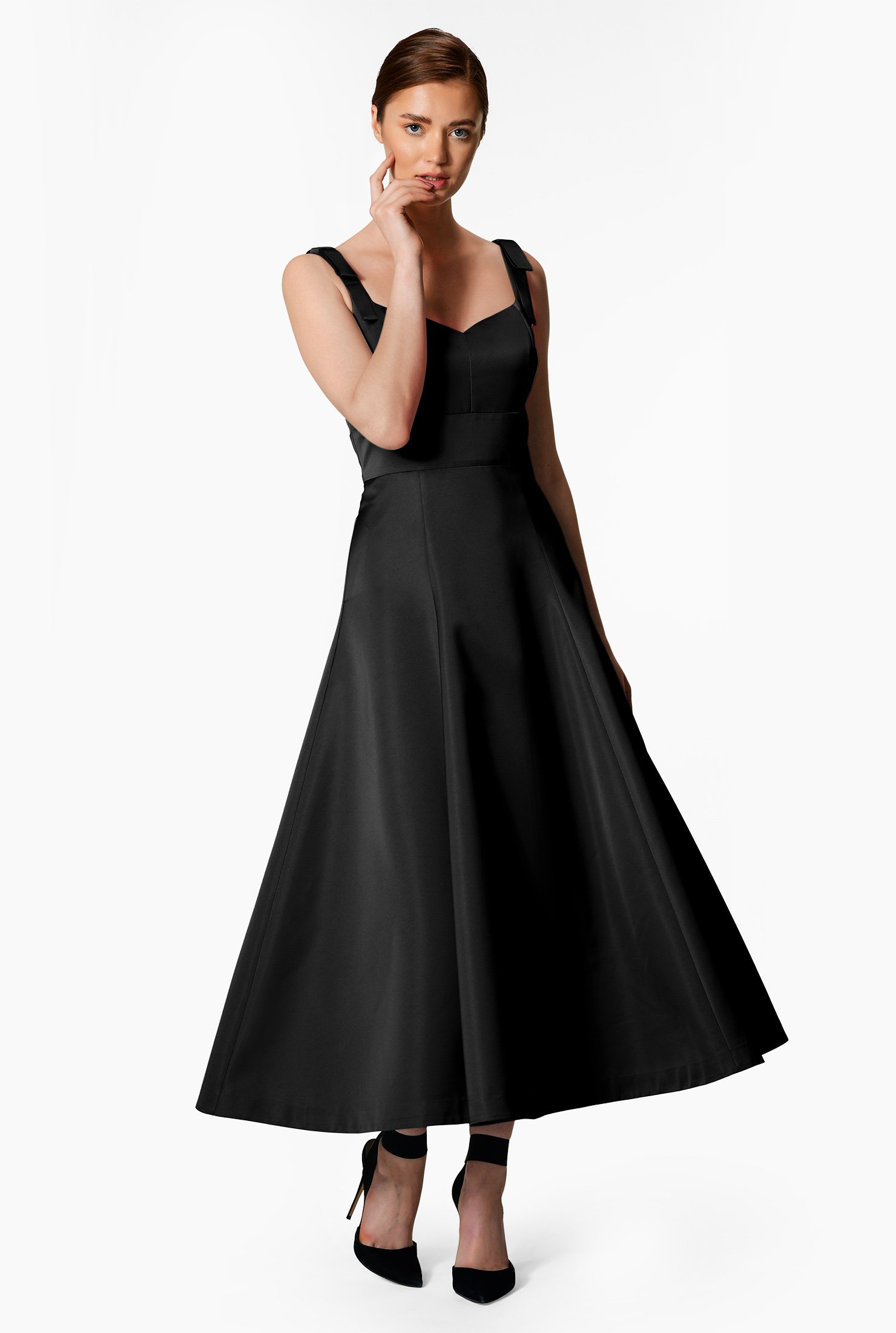 Shop Bow shoulder strap satin taffeta dress | eShakti