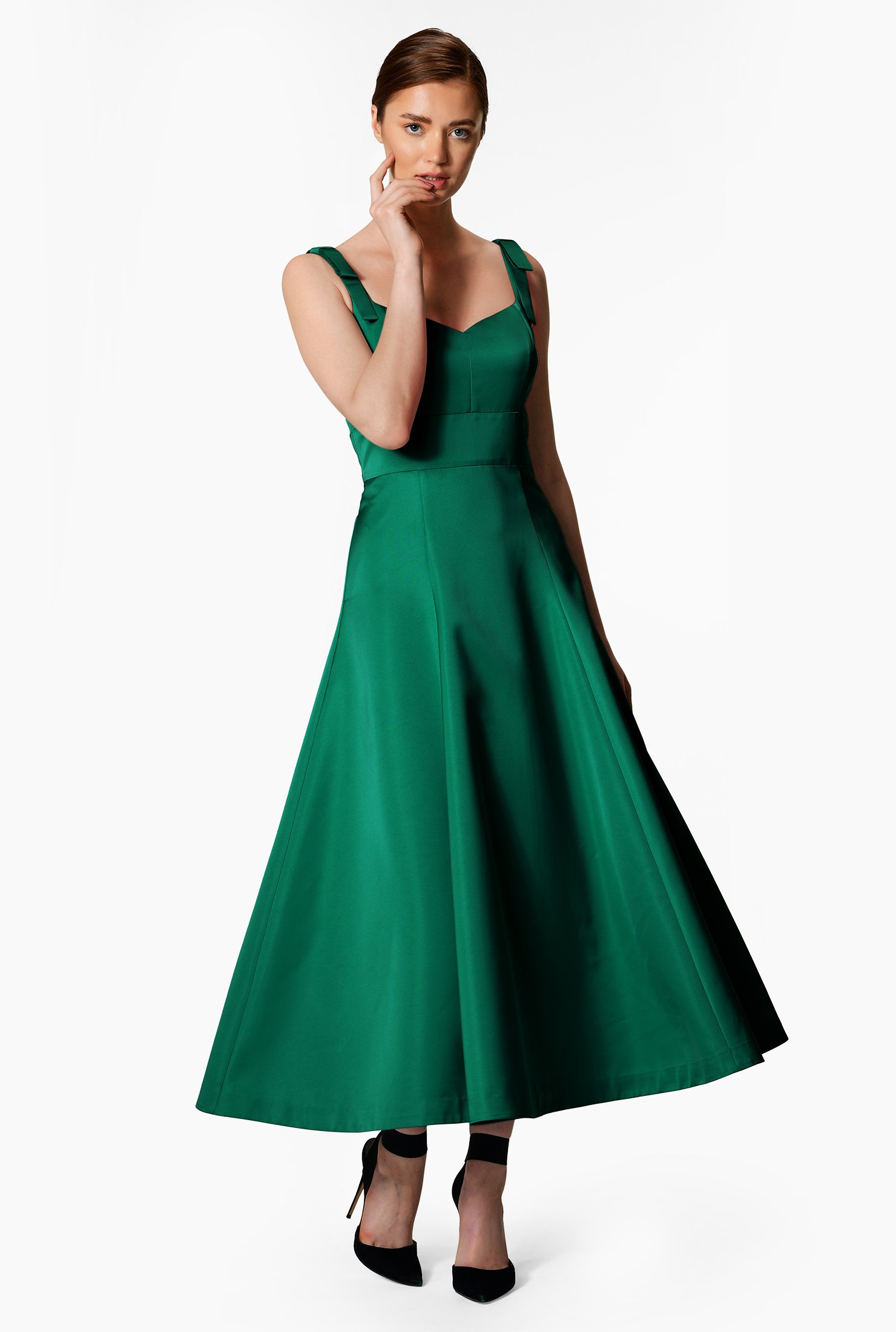 Shop Bow shoulder strap satin taffeta dress | eShakti