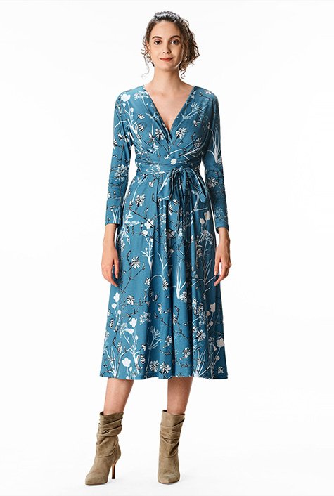 Shop Tie waist empire floral print cotton knit dress | eShakti