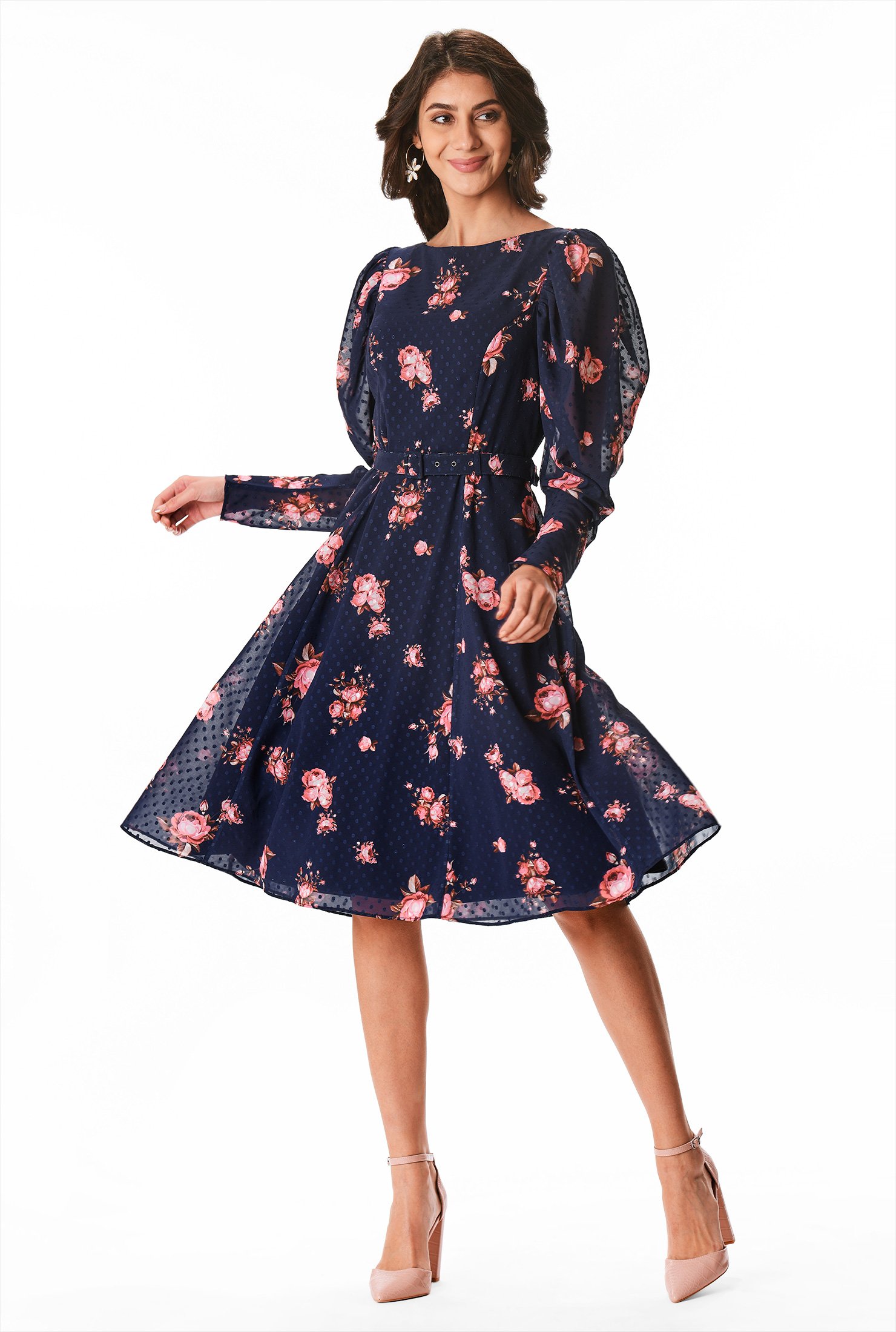 Shop Floral print swiss dot georgette belted dress | eShakti