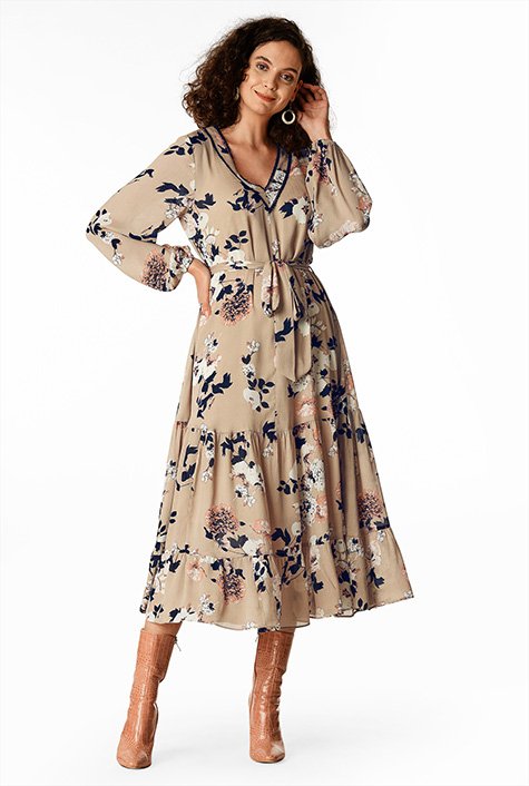 Tiered floral lace printed chiffon clearance dress