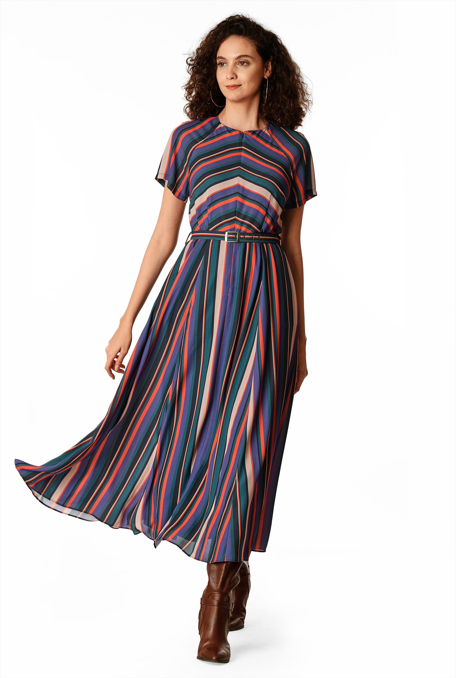 Shop Stripe Print Crepe Belted Dress Eshakti