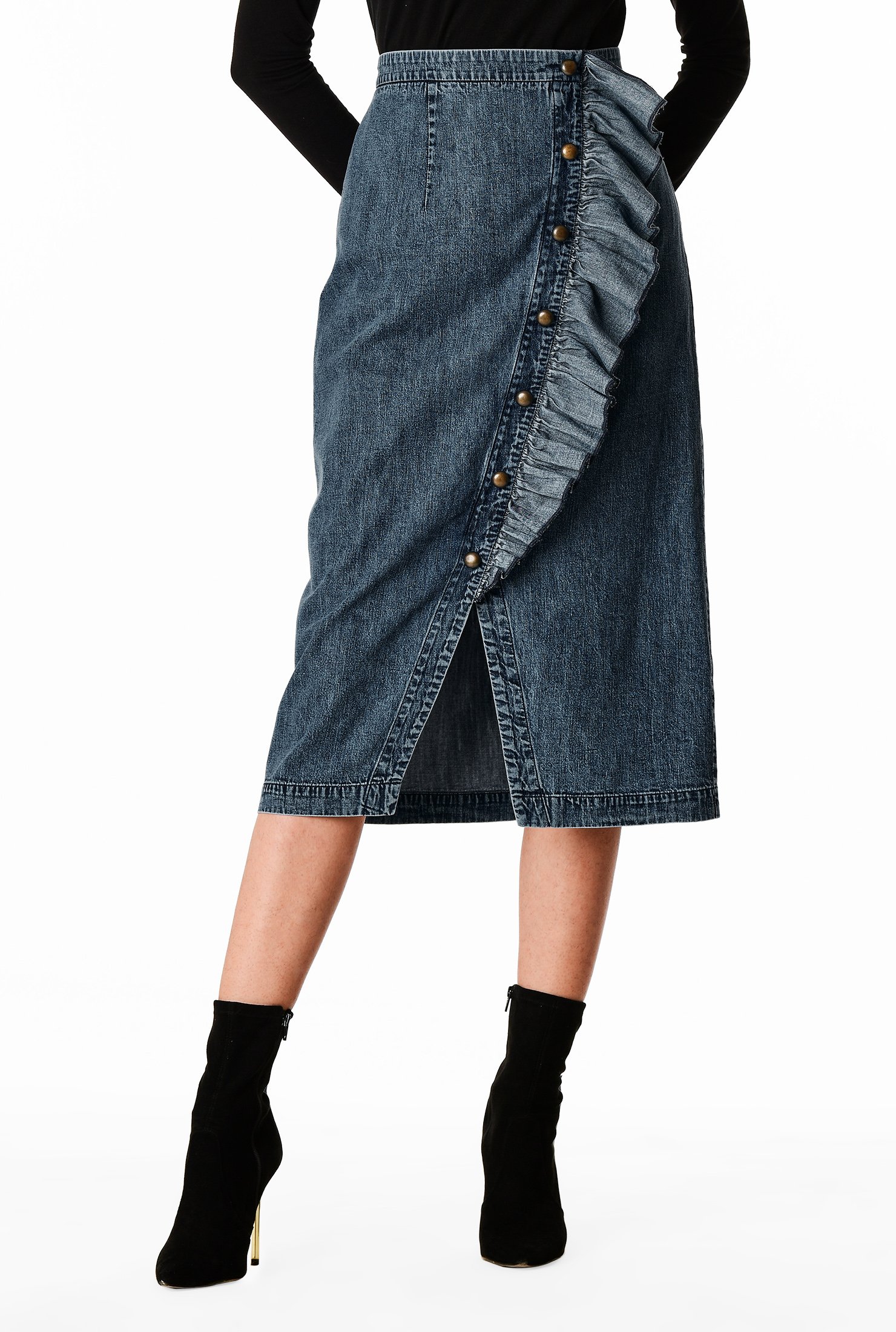 Shop Ruffle button front cotton denim skirt | eShakti