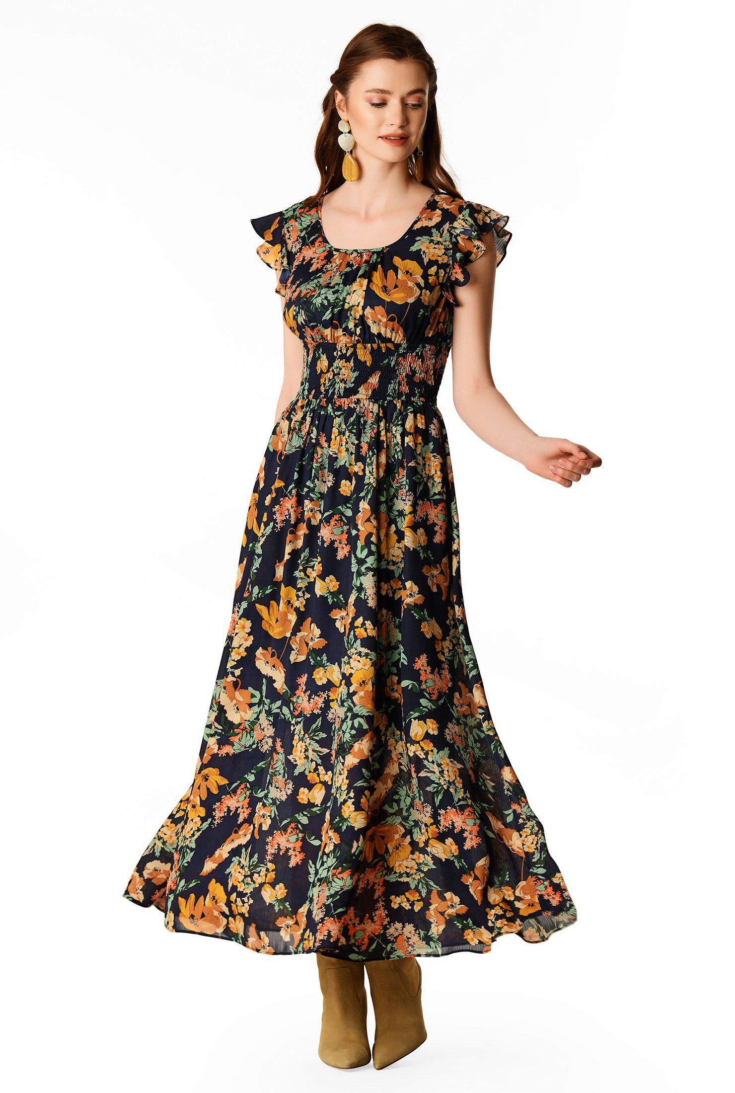 Shop Ruffle floral print chiffon smocked waist dress | eShakti