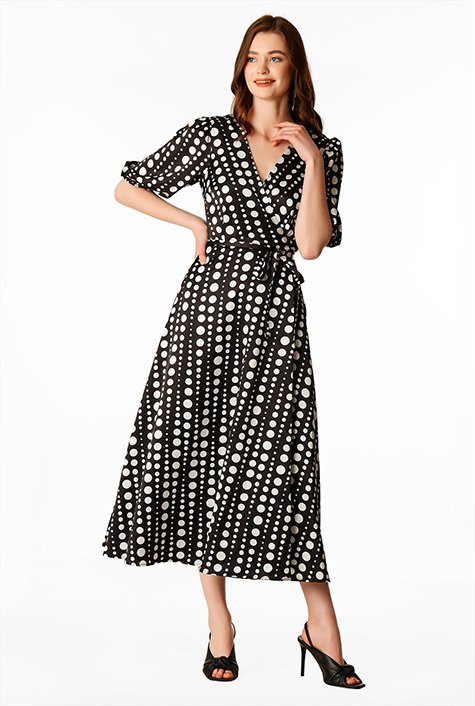 Shop Polka dot print satin wrap dress | eShakti