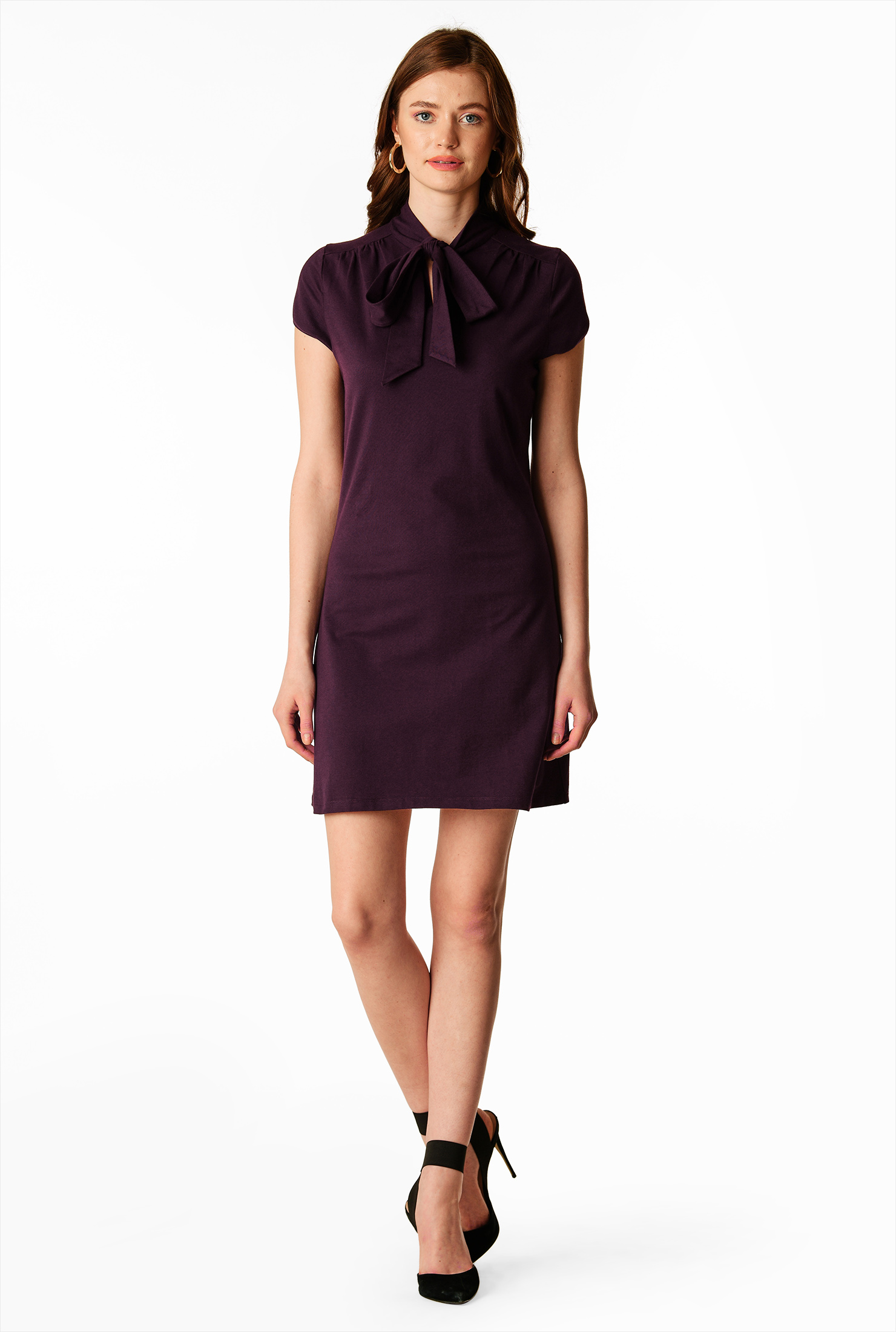 Shop Tie neck cotton knit shift dress eShakti