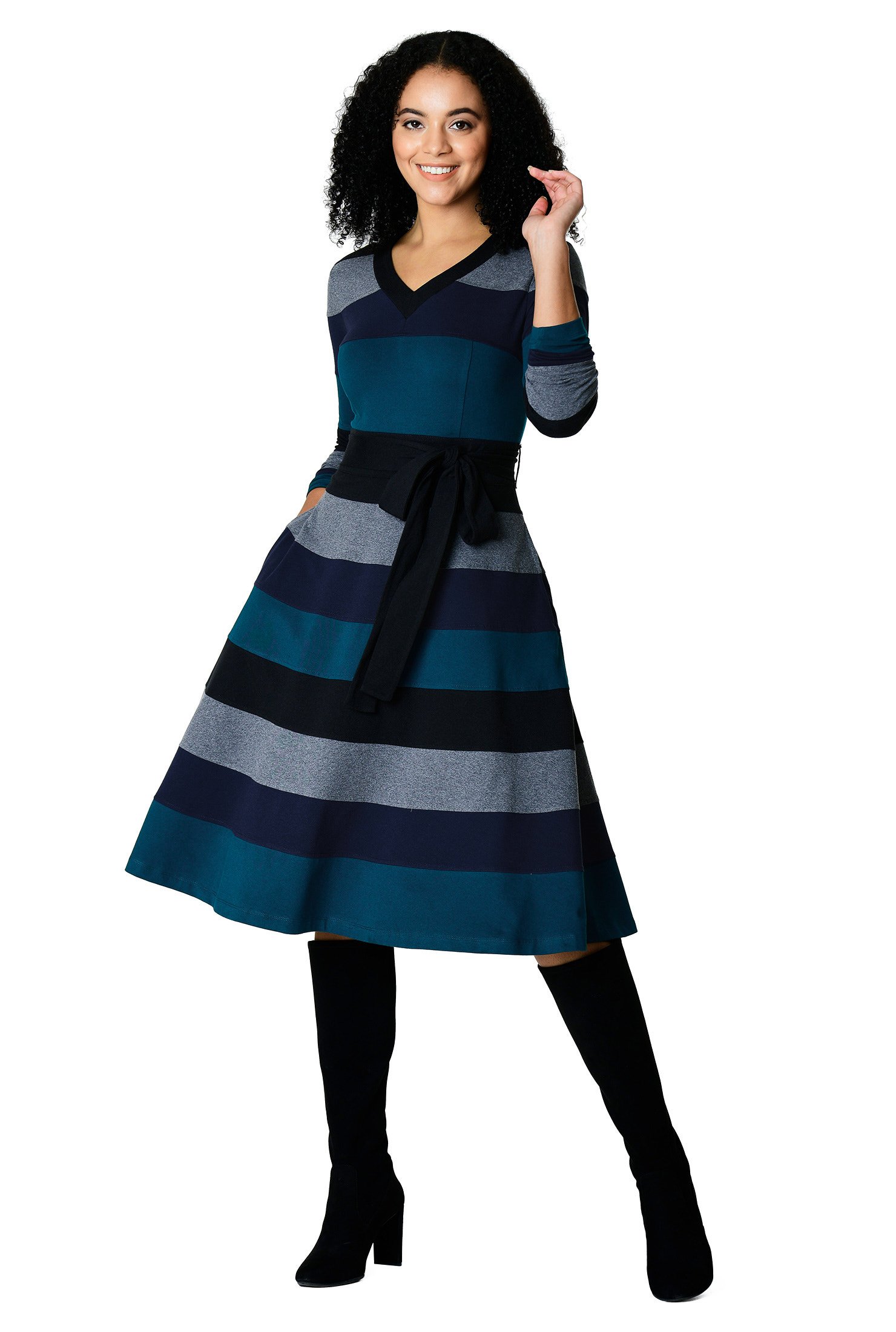 Shop Banded stripe cotton knit belted dress | eShakti