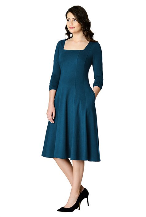 WOOL SILK SQUARE NECK LINE FLARE DRESS